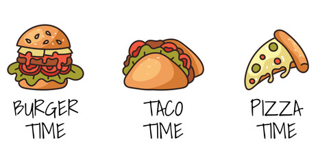 Fast food pizza taco burger sandwich line art hand drawn isolated set. Vector graphic design illustration