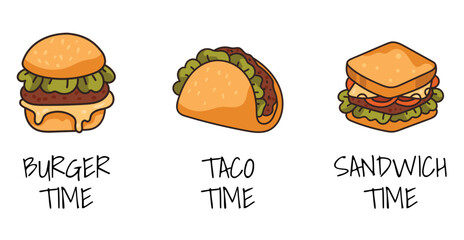 Fast food pizza taco burger sandwich line art hand drawn isolated set. Vector graphic design illustration