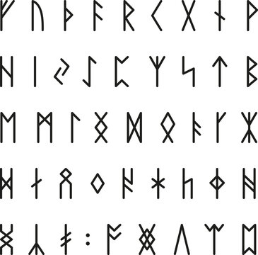 Viking runes. Runic celtic alphabet, norse mythical medieval signes. Mystery game rune, ancient letters and magic symbols. Tidy scandinavian occult vector set