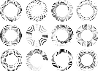 Speed lines circle frames. Round swirl and curves movement spiral symbols. Modern dots halftone abstract elements, radial racy vector logo design - obrazy, fototapety, plakaty