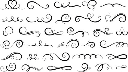 Calligraphic swirls dividers and outline swashes borders. Ornament filigree swirled lines hand design. Rustic flourish decorations racy vector set - obrazy, fototapety, plakaty