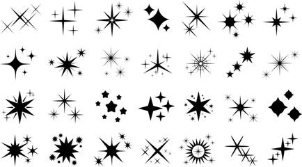 Shine stars icons, sparkling logo christmas celebrate. Black star sparks shapes, isolated glow shiny icons for party or festive cards racy vector set
