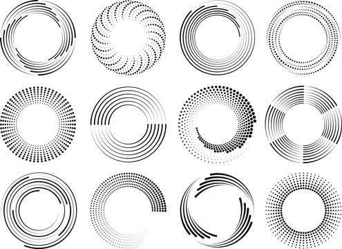 Speed lines circle frames. Round swirl and curves movement spiral symbols. Modern dots halftone abstract elements, radial racy vector logo design