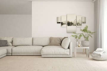 White living room with sofa. Scandinavian interior design. 3D illustration