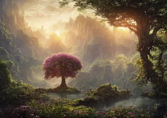 Beautiful fantasy land with lake and giant trees © Roman Milert