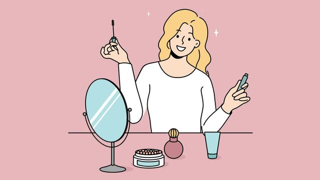 Happy young woman doing makeup looking at mirror at table. Smiling female apply mascara prepare with daily beauty routine. Motion illustration. 