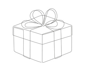 Gift box for Christmas, birthday or holiday, continuous one art line drawing. Present box, wrapped package with ribbon bow. Surprise on party and celebration. Vector outline illustration
