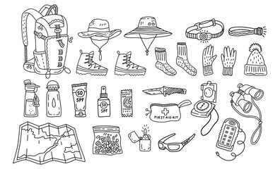 Big set of hiking or travel equipment: clothes, tools, snacks, gear. Collection for touristic landing page, web design, flyer, card, poster, banner. Hand-drawn doodle sketch style