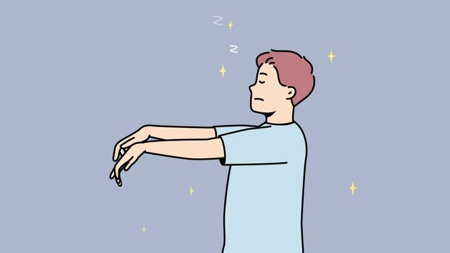 Man in pyjama walking in sleep. Male asleep in pajama sleepwalking at home. Motion illustration. 