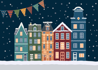 Christmas holiday card illustration with winter city view. Colored flat vector illustration. New Year conception.