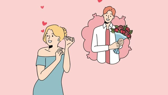 Woman dreaming man presenting bouquet. Beautiful young female imagine male lover make surprise with flowers. Relationships and love. Motion illustration. 