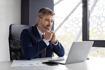 Middle Aged Businessman Sitting At Desk In Office, Looking At Laptop Screen