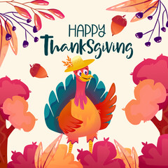 Cartoon turkey thanksgiving character autumn banner. Happy thanksgiving background. Funny bird with hat character. Autumn bird cute turkey