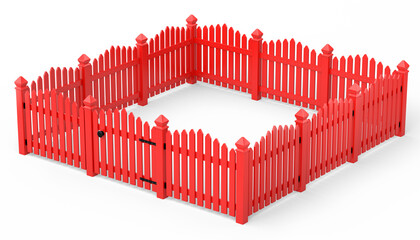Wooden picket fence on white background that separates the objects