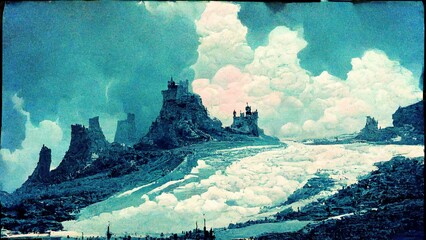 fantasy castle on a hill and a small city at the ground, fantasy drawing landscape with blue sky and clouds