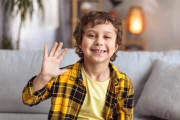 Hello. Camera pov portrait of positive little boy waving hand, video calling or recording blog at...