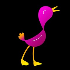Illustration. Cartoon pink bird isolated on black background. Concept for print, icon, logo.

