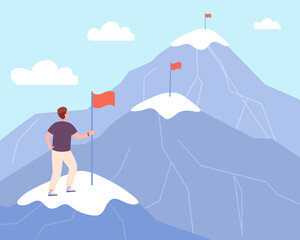 Life steps to goals. Manager gradual achievement of purpose, man leader climb up mountains peak with flag, path high aim concept improve stages business future, vector illustration