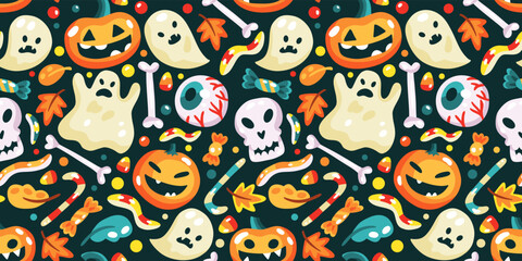 Seamless pattern with halloween sweets and elements