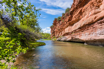 Fototapeta na wymiar River Canyon with red rocks and green trees summer time clouds blue sky river fishing hiking nature creek