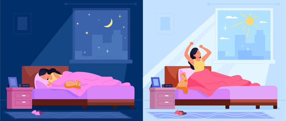 Sleep and wake up in bedroom. Lazy sleeping happy woman and waking early stretching morning at sunrise window, awake lady sitting mattress bed in home room, vector illustration - obrazy, fototapety, plakaty