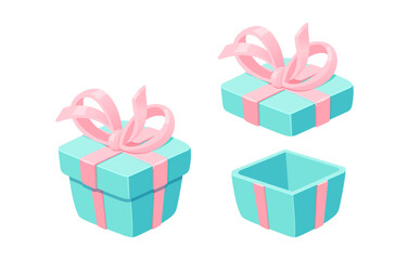 Delicate gift boxes closed and open in isometric style for printing and decoration. Vector illustration.