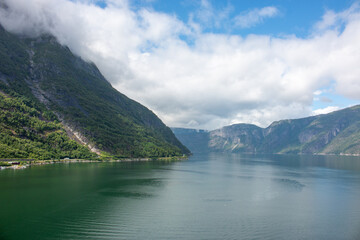 Fototapeta na wymiar Panorama view of the Hardanger Fjord near Eidfjord Vestland in Norway (Norwegen, Norge or Noreg)