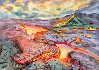 Obraz na płótnie Canvas Active lava flow and volcanic eruption at Hawaii Volcanoes National Park.