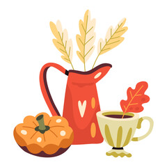 Autumn ilustration with vase, dry herbs, pumpkin and cup of a hot drink.