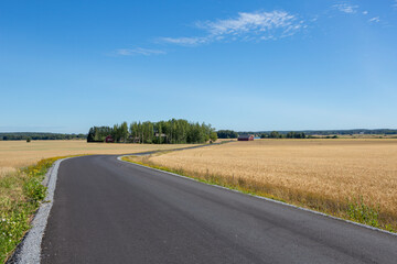 Empty asphalt road in the country side on a sunny summer day. New asphalt highway going through farming countryside.