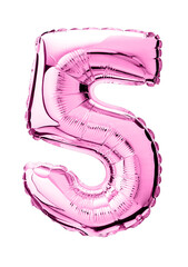 Number five in pink Mylar balloon isolated on transparent