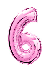 Number six in pink Mylar balloon isolated on transparent