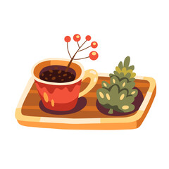 Autumn cup of coffee, tea or cacao with berries and cone on a wooden tray