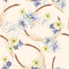 Watercolor seamless pattern with branches. Abstract background. Wild grass, wild flower. cornflower,poppy. covered grass. Watercolor Wild plant, grass. 
branch with rose hips,cornflower, aster