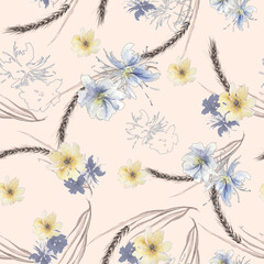 Watercolor seamless pattern with branches. Abstract background. Wild grass, wild flower. cornflower,poppy. covered grass. Watercolor Wild plant, grass. 
branch with rose hips,cornflower, aster