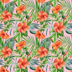 Zelfklevend Fotobehang Hibiscus Flowers and palm leaves, seamless pattern tropical plants watercolor illustration, jungle design © Hanna