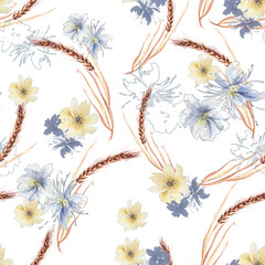 Watercolor seamless pattern with branches. Abstract background. Wild grass, wild flower. cornflower,poppy. covered grass. Watercolor Wild plant, grass. 
branch with rose hips,cornflower, aster