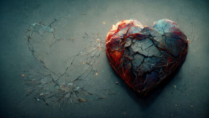 Red broken and cracked heart with gradient stone background.