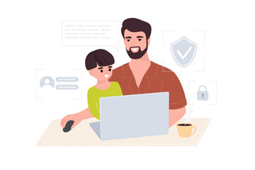 Fototapeta na wymiar Dad teaches child cyber security on the Internet. Cyber defense tips for kids. Safe internet concept. A young man sits with a child at a laptop. Vector illustration.