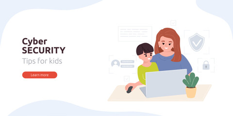 Cyber security web banner or landing page. Mom teaches child cyber security on the Internet. Cyber defense tips for kids. Safe internet concept. Woman sits with child at laptop. Vector illustration.