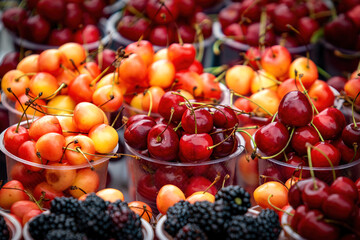 Mix berries includes red cherry, white cherry and black berries in season street market