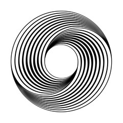 Pulsating spherical graphic constructed from a series of lines. Black and white lines sign, symbol, icon, logo. Monochrome graphic design. Dynamic waves concept. Abstract background, line art pattern