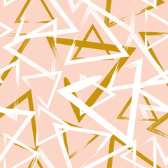 Seamless geometric gold pink tribal triangle. Hand drawn  brush pastel background pattern in vector.