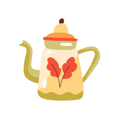 Cute autumn teapot decorated with red leaves