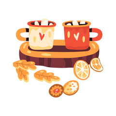 Autumn cups of cacao with marshmallows with cookies and orange slices on a wooden stand