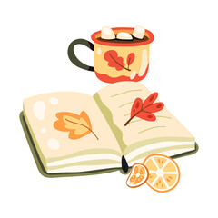 Autumn ilustration with an open book, cup of cacao with marshmallows, orange slices and leaves