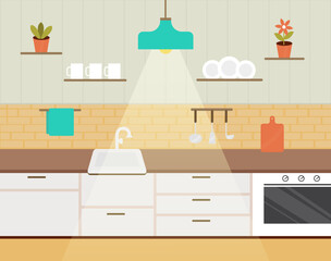 Modern kitchen interior , cooking utensils, stove, dishes and furniture. Home art. Flat style vector illustration.