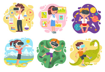 Fototapeta premium Children with VR glasses. Kids digital education and entertainment. Virtual game or training. Electronic gadgets. Augmented reality world. Cyber simulation headset. Splendid vector set
