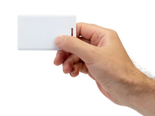 Man's hand holding an blank access card Rfid, NFC, isolated on white background.
