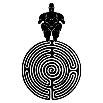 Great mother figurine on top of a round spiral maze or labyrinth symbol. Creative concept. Neolithic fertility goddess from Çatalhöyük, Turkey. Black and white silhouette.